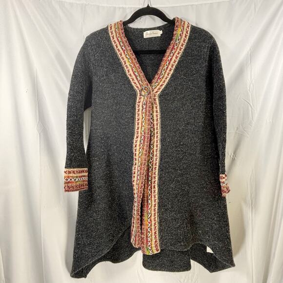 Simply Couture Women Small Gray Multi Long Cardigan Tribal Boho Hippie Peasant - Picture 1 of 6